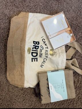 Two Bride Tote Bags in Natural Canvas and Travel Luggage Tag/Passport Holder
